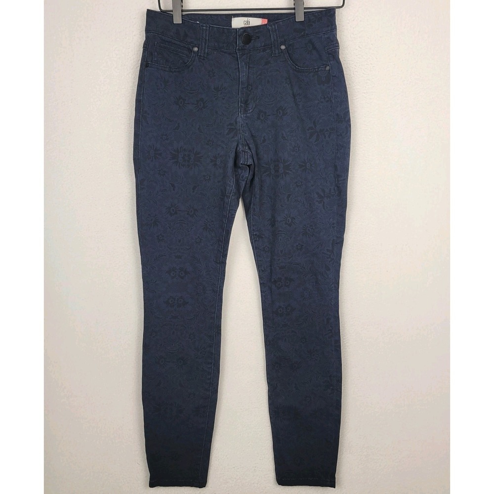 CAbi‎ Curvy Skinny Jeans Womens 6 Blue Black Floral Lace Print Stretch